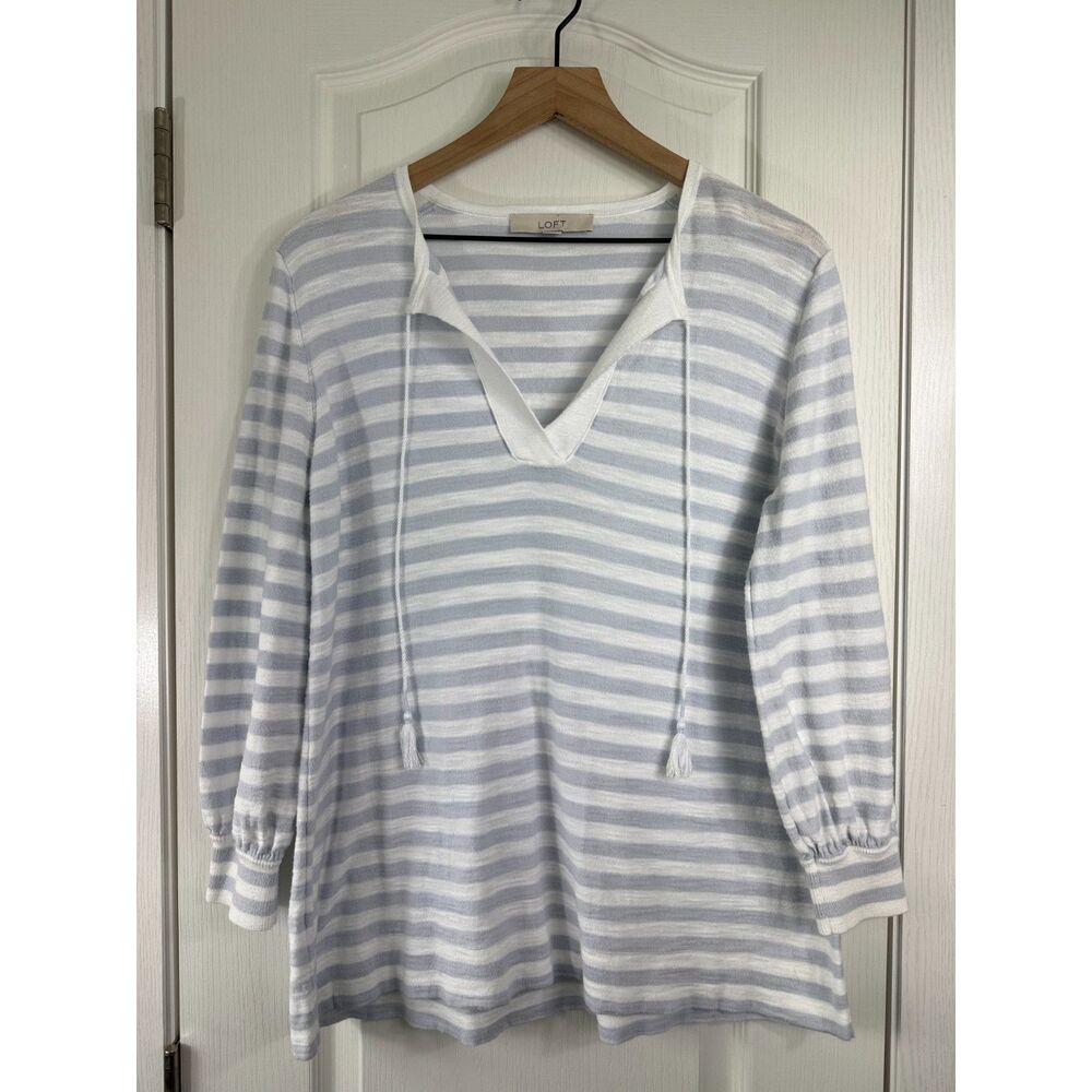 LOFT Women's L Light Blue Gray White Stripe Split Neck Tassel Tunic Top